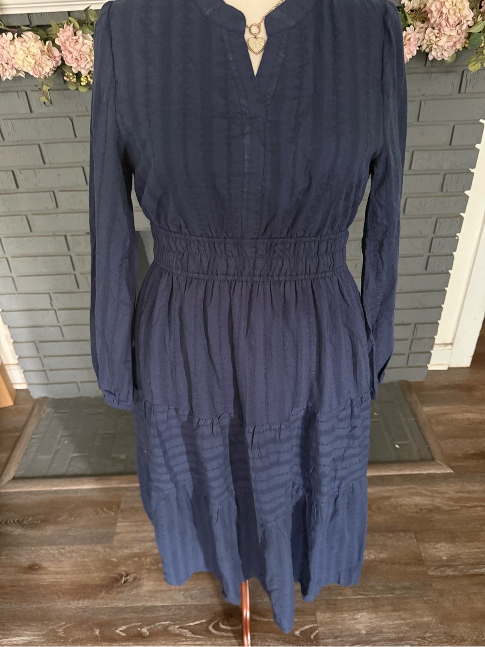 Smocked Waist Long Sleeve Navy Tiered Midi Dress